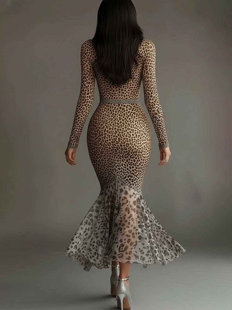 24-Hour-Shipping Leopard Print Deep V-Neck Mermaid Dress