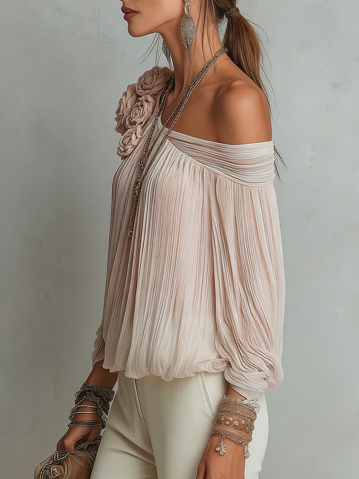 Pink Pleated Off-Shoulder Floral Accent Chiffon Blouse