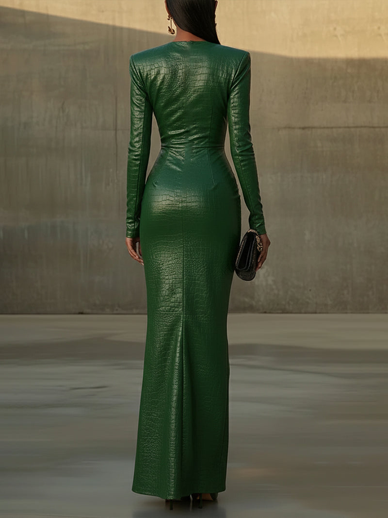 24-Hour-Shipping Green Elegance Croc Embossed Maxi Dress