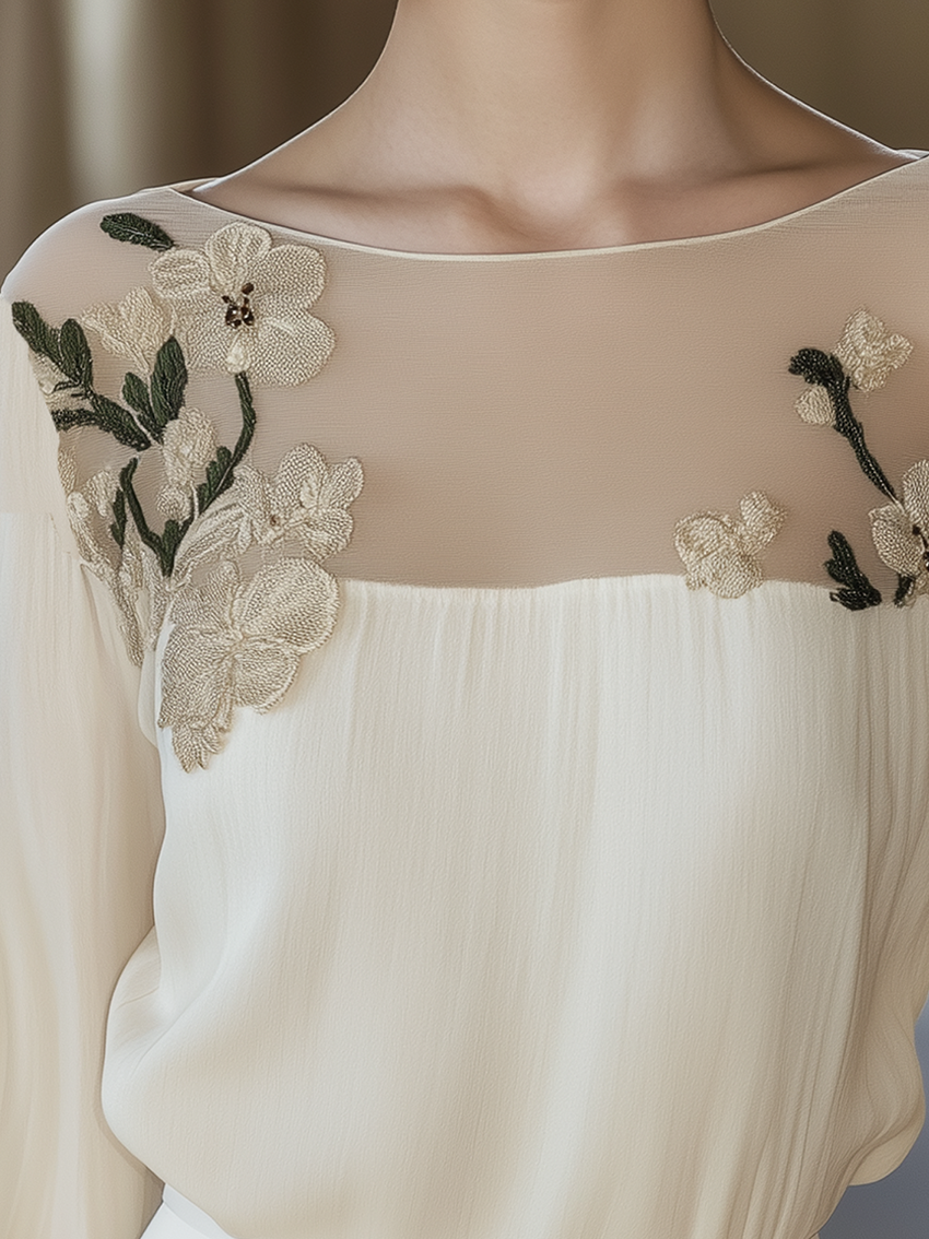24-Hour-Shipping Beige Stitching Shirt With Elegant Floral Embroidery