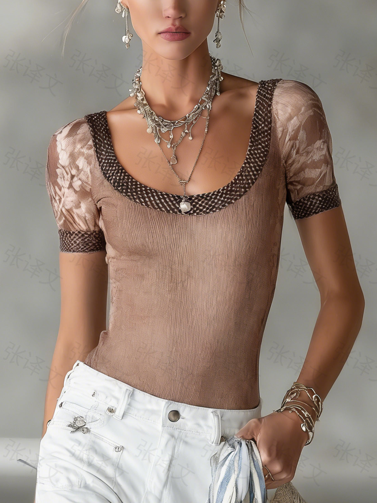 Brown Scoop Neck Contrast Trim Sheer Knit Top