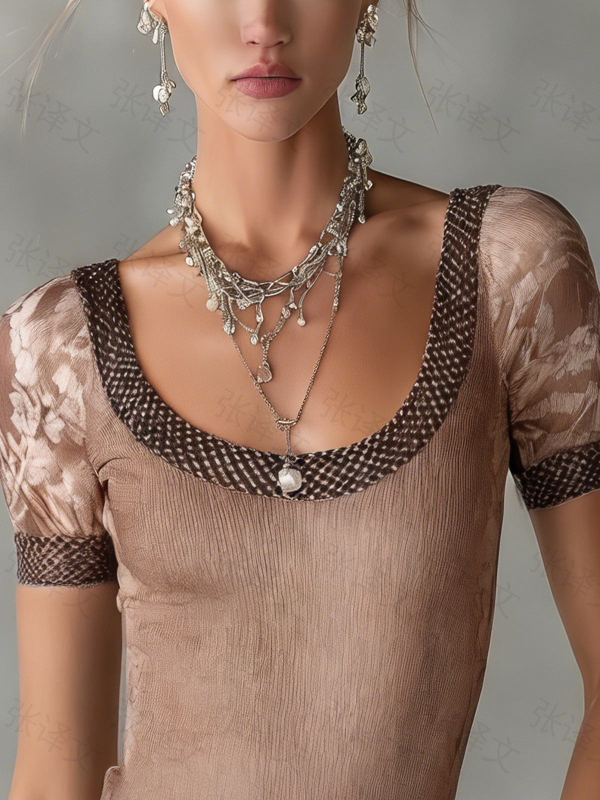 Brown Scoop Neck Contrast Trim Sheer Knit Top