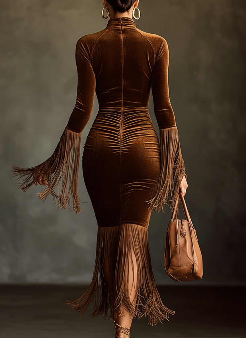 24-Hour-Shipping Brown Velvet Turtleneck Cutout Fringe Long Sleeve Bodycon Dress