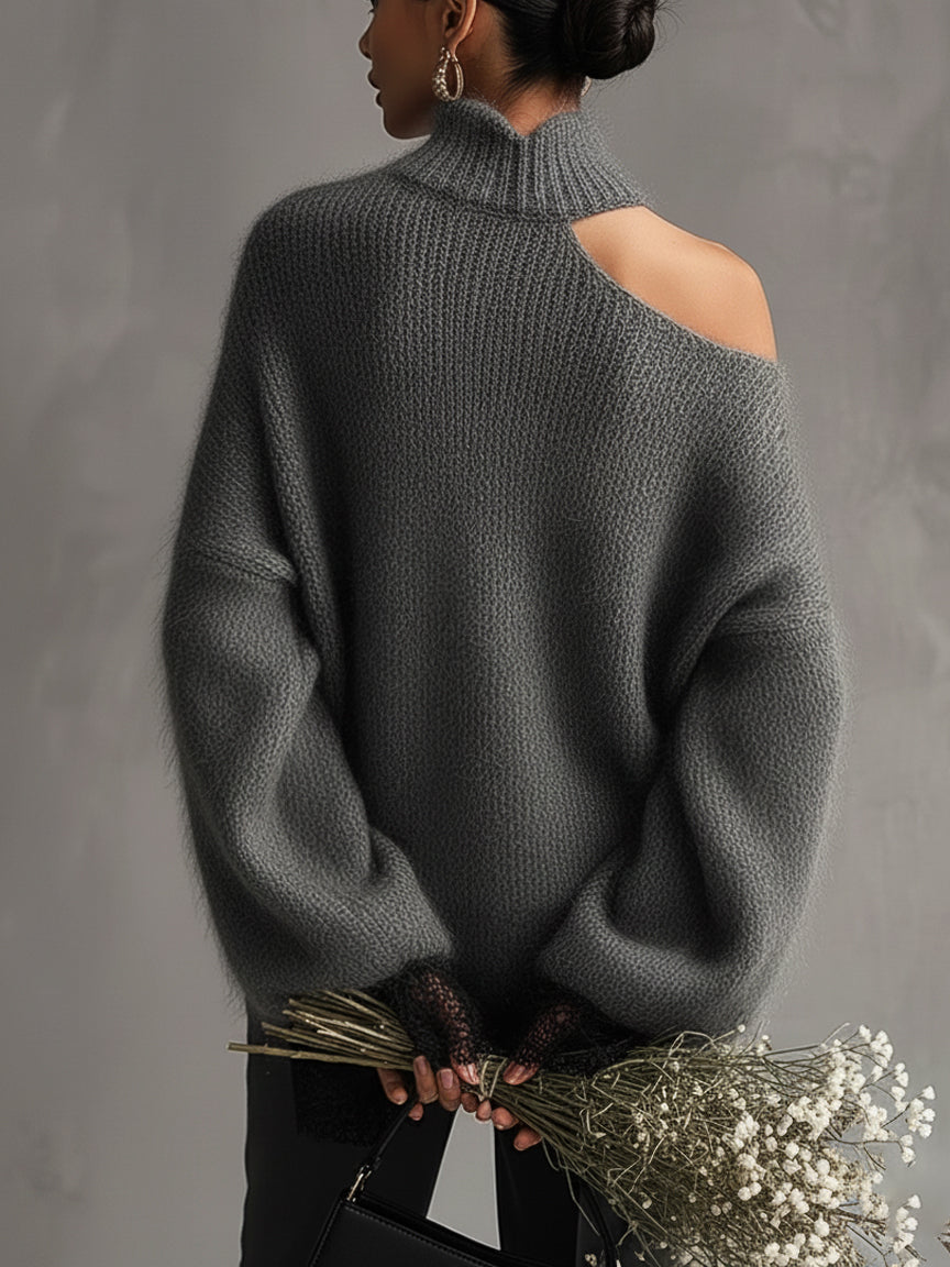 24-Hour-Shipping Gray Mohair Knit Sweater With Lace Cuffs
