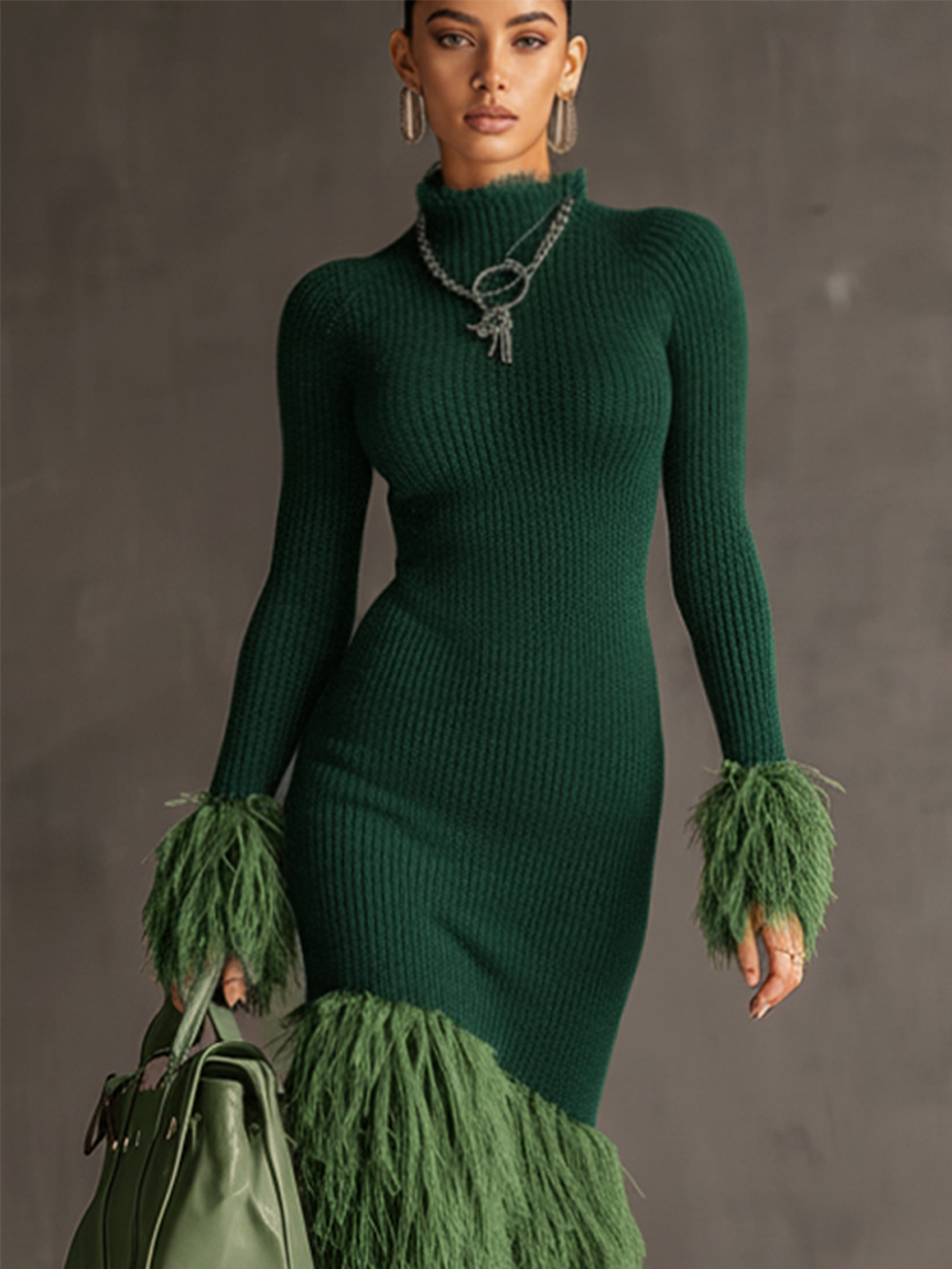 24-Hour-Shipping Emerald Knit Patchwork Eco Faux Fur Long Sleeve Bodycon Dress
