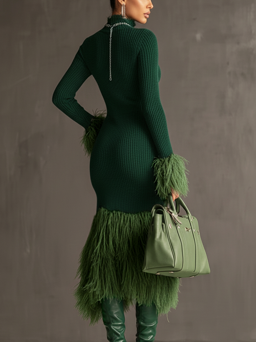 24-Hour-Shipping Emerald Knit Patchwork Eco Faux Fur Long Sleeve Bodycon Dress
