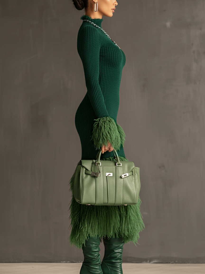 24-Hour-Shipping Emerald Knit Patchwork Eco Faux Fur Long Sleeve Bodycon Dress