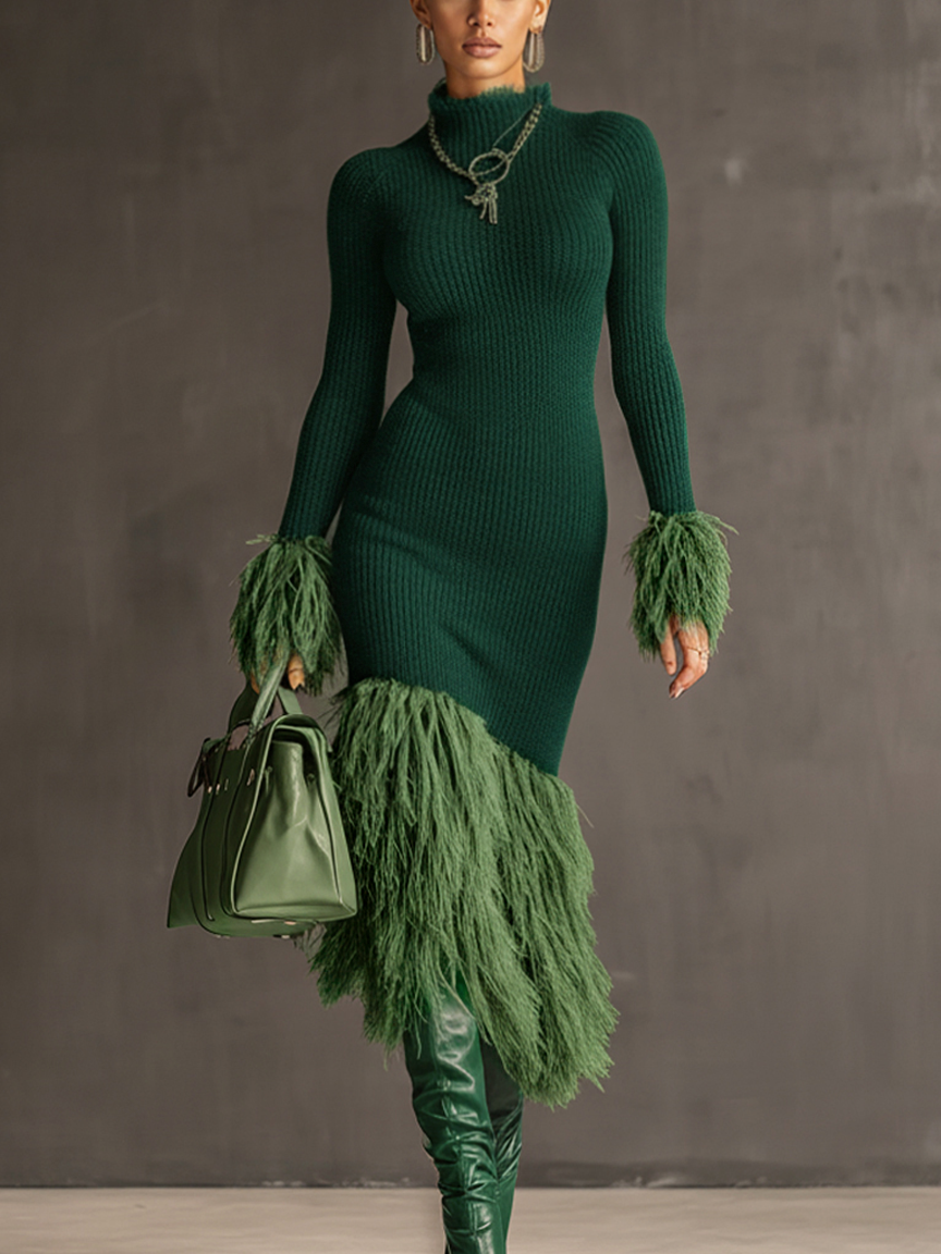 24-Hour-Shipping Emerald Knit Patchwork Eco Faux Fur Long Sleeve Bodycon Dress