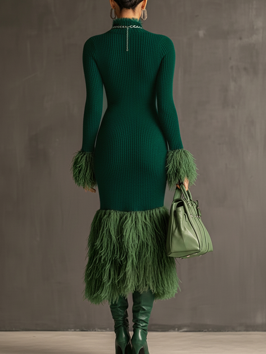 24-Hour-Shipping Emerald Knit Patchwork Eco Faux Fur Long Sleeve Bodycon Dress