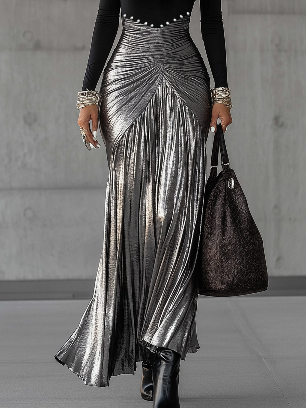 24-Hour-Shipping Black Round Neck Metallic Silver Pleated Maxi Dress