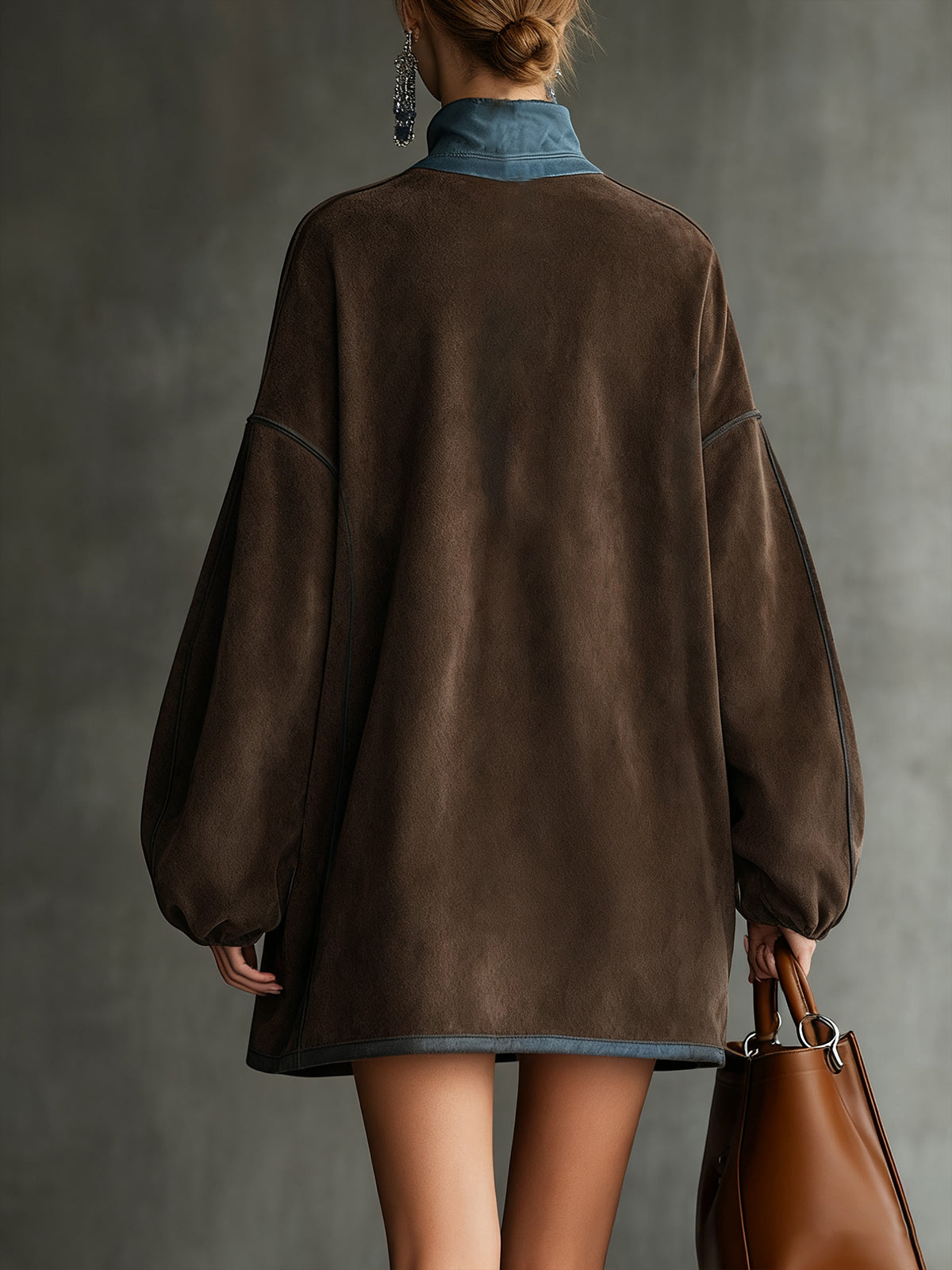 24-Hour-Shipping Brown Faux Suede Fleece High-Neck Zip-Up Oversized Mini Dress
