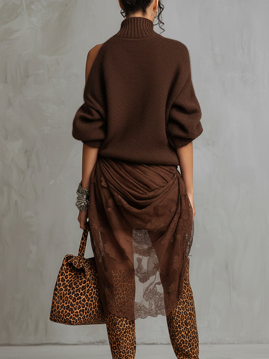 24-Hour-Shipping Chocolate Knit Off Shoulder Tulle Long Sleeve Midi Dress