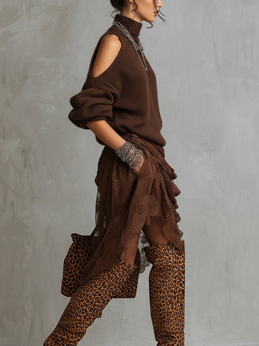 24-Hour-Shipping Chocolate Knit Off Shoulder Tulle Long Sleeve Midi Dress