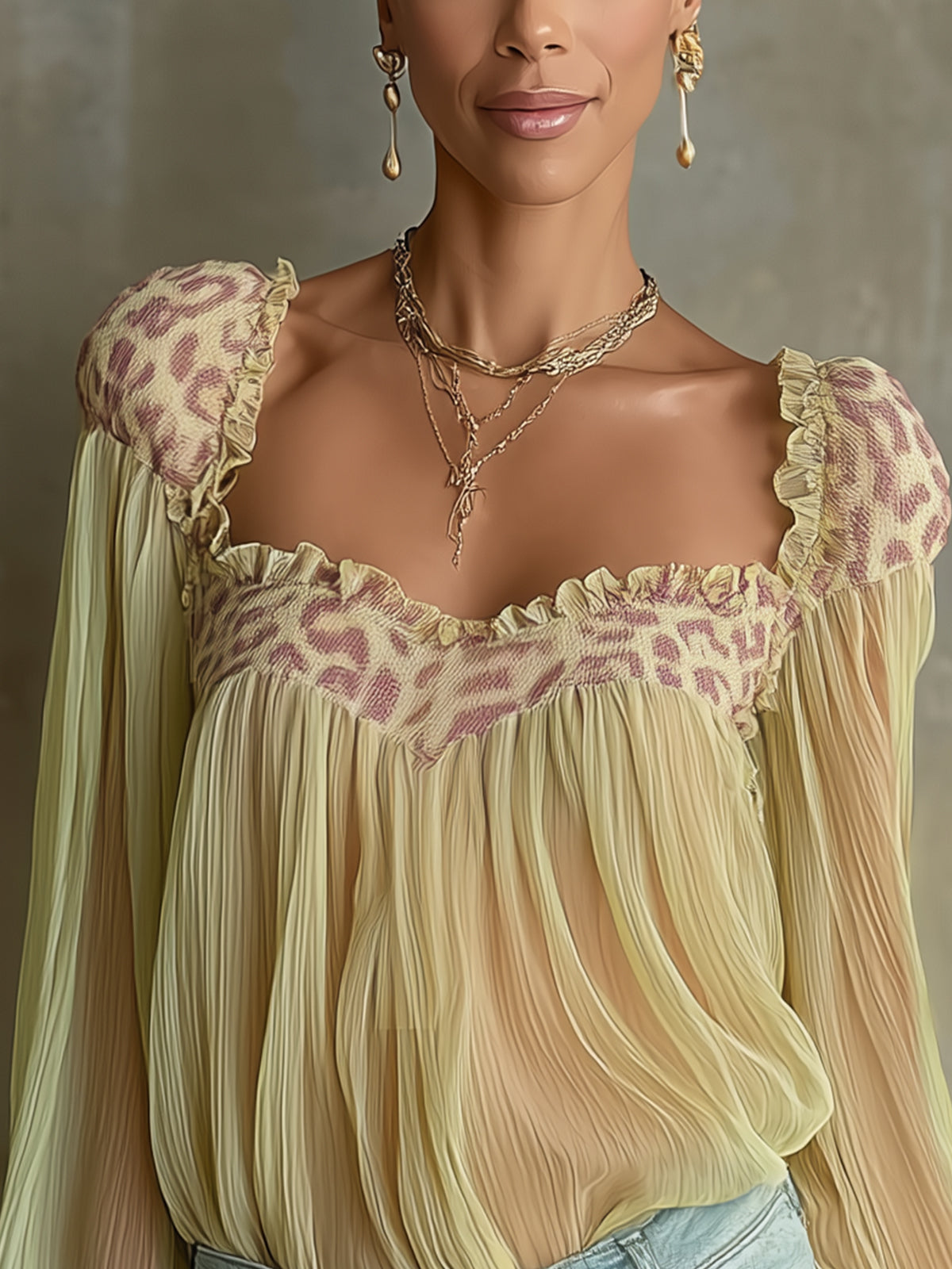 Green Pleated Chiffon Blouse With Leopard Print