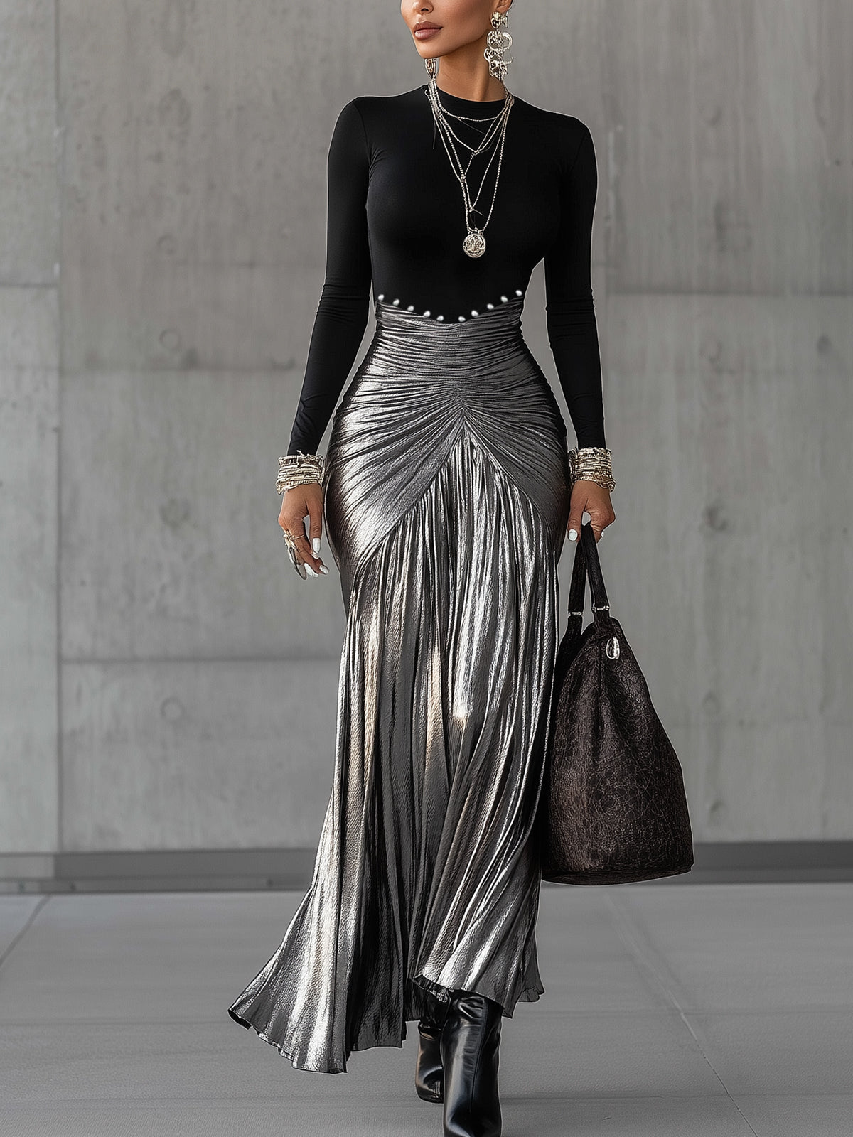 24-Hour-Shipping Black Round Neck Metallic Silver Pleated Maxi Dress