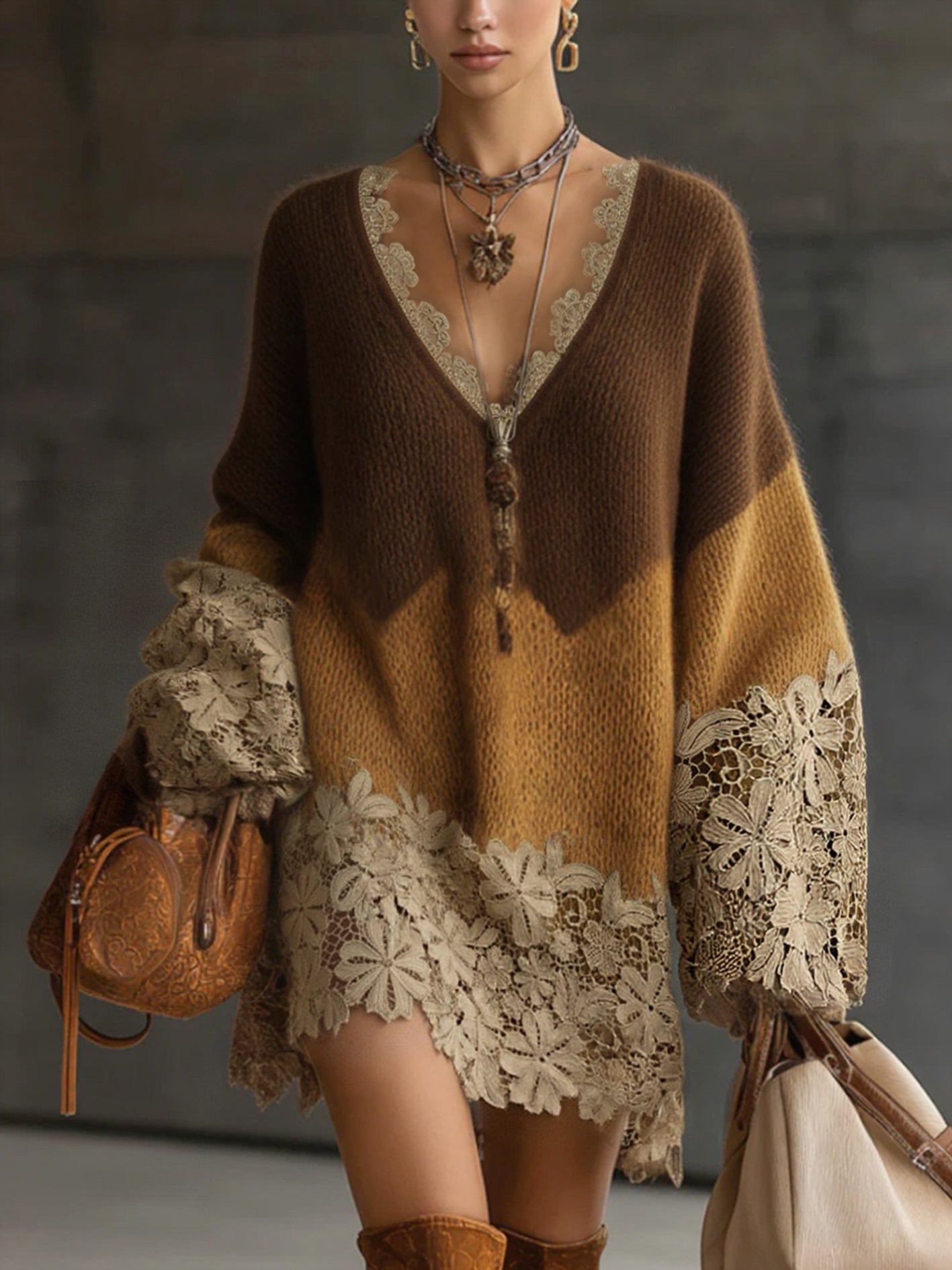 24-Hour-Shipping Brown Ombre Knit Lace Oversized Long Sleeve Mini Dress