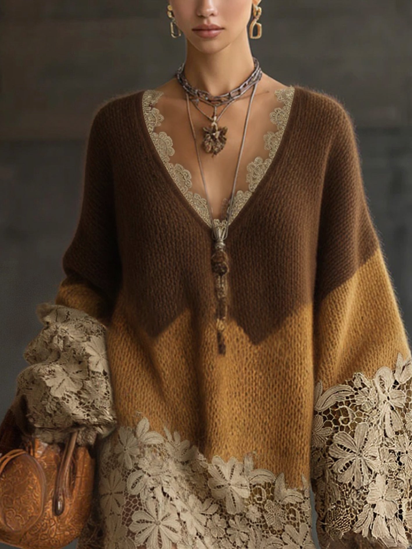 24-Hour-Shipping Brown Ombre Knit Lace Oversized Long Sleeve Mini Dress