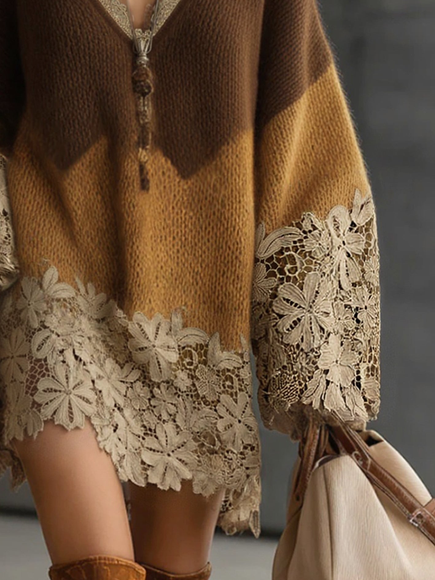 24-Hour-Shipping Brown Ombre Knit Lace Oversized Long Sleeve Mini Dress