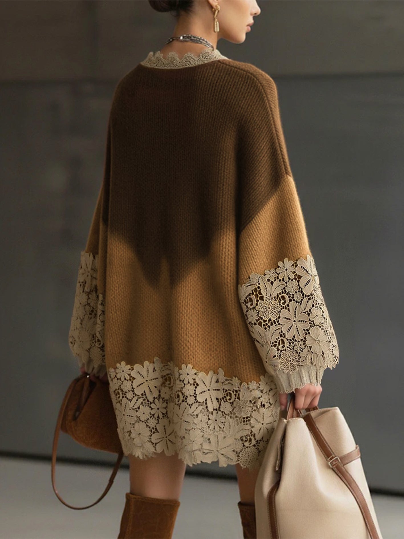 24-Hour-Shipping Brown Ombre Knit Lace Oversized Long Sleeve Mini Dress