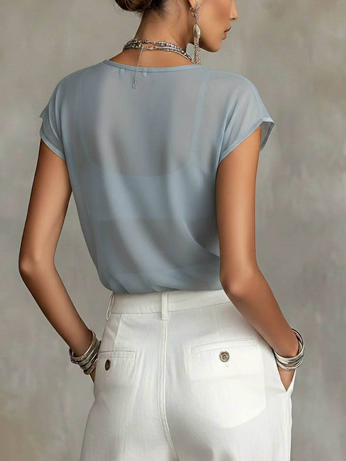 Sheer Blue Floral Print Chiffon Blouse