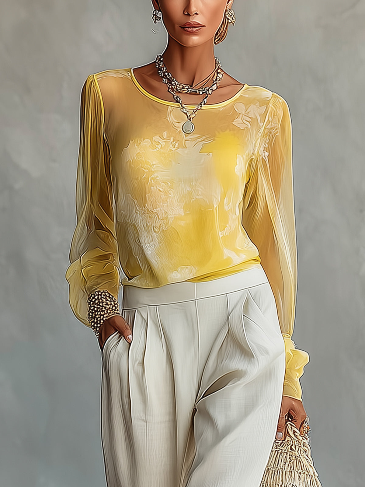 Yellow Sheer Chiffon Long Sleeve Blouse