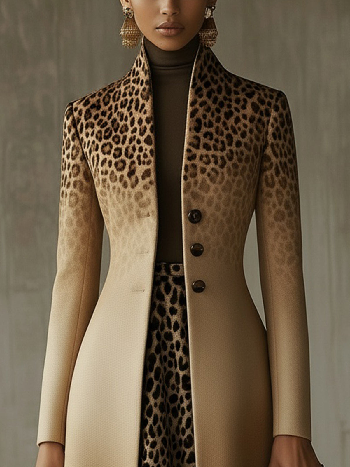 24-Hour-Shipping Khaki Ombre Leopard Print Long Coat With Gradient Detail