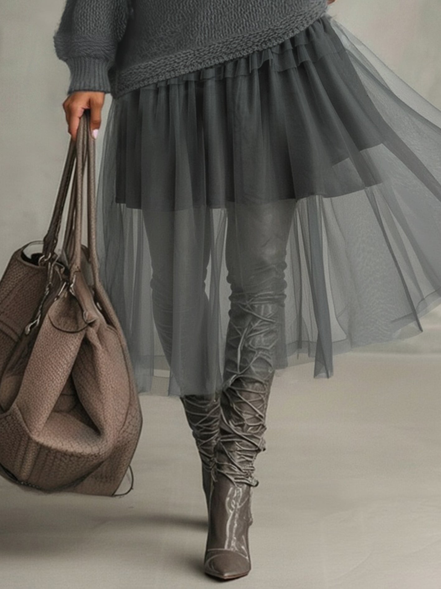 24-Hour-Shipping Gray Mohair And Tulle Panel Maxi Dress