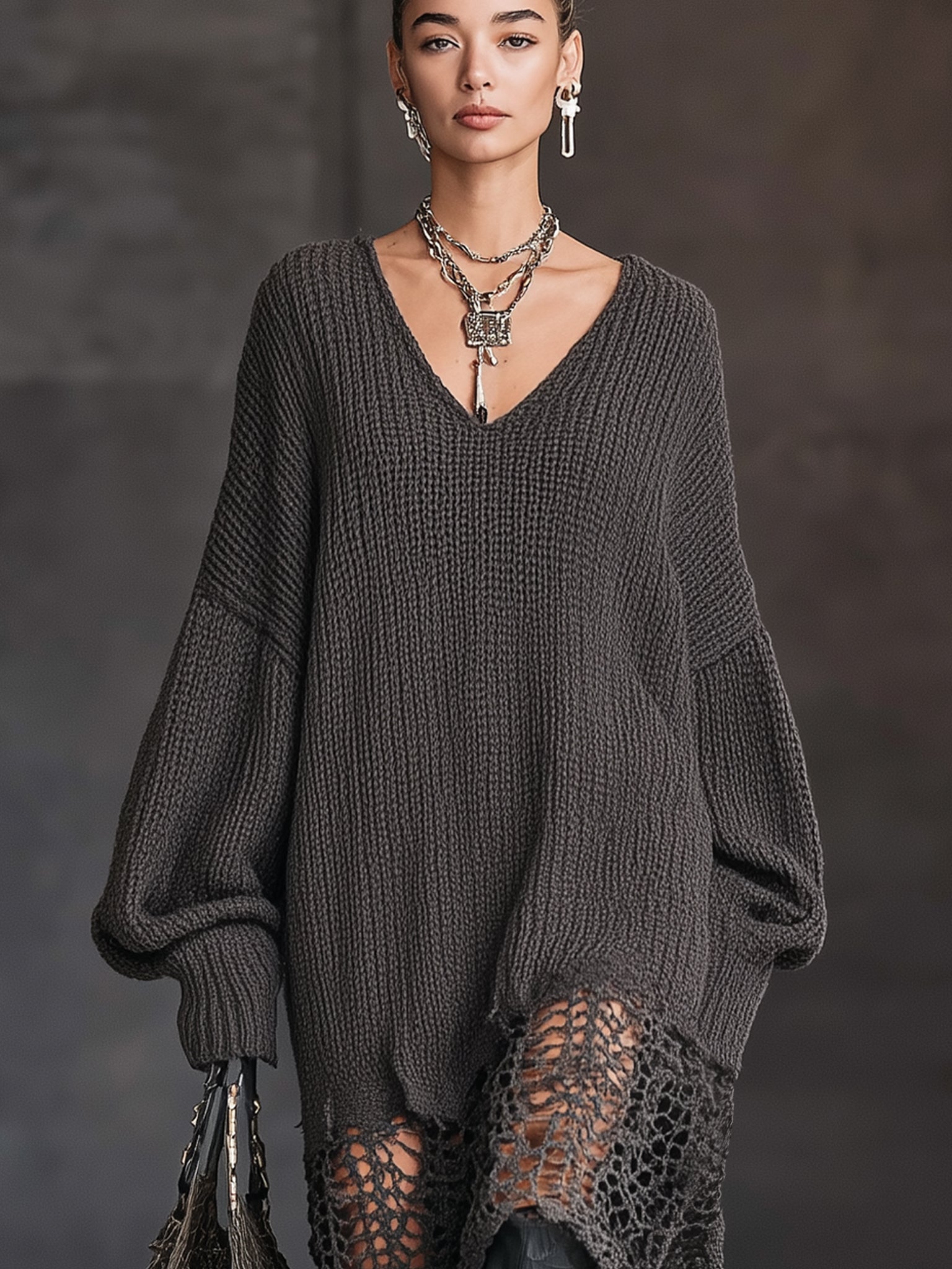 24-Hour-Shipping Charcoal Gray V-Neck Knit Mesh Long Sleeve Midi Dress