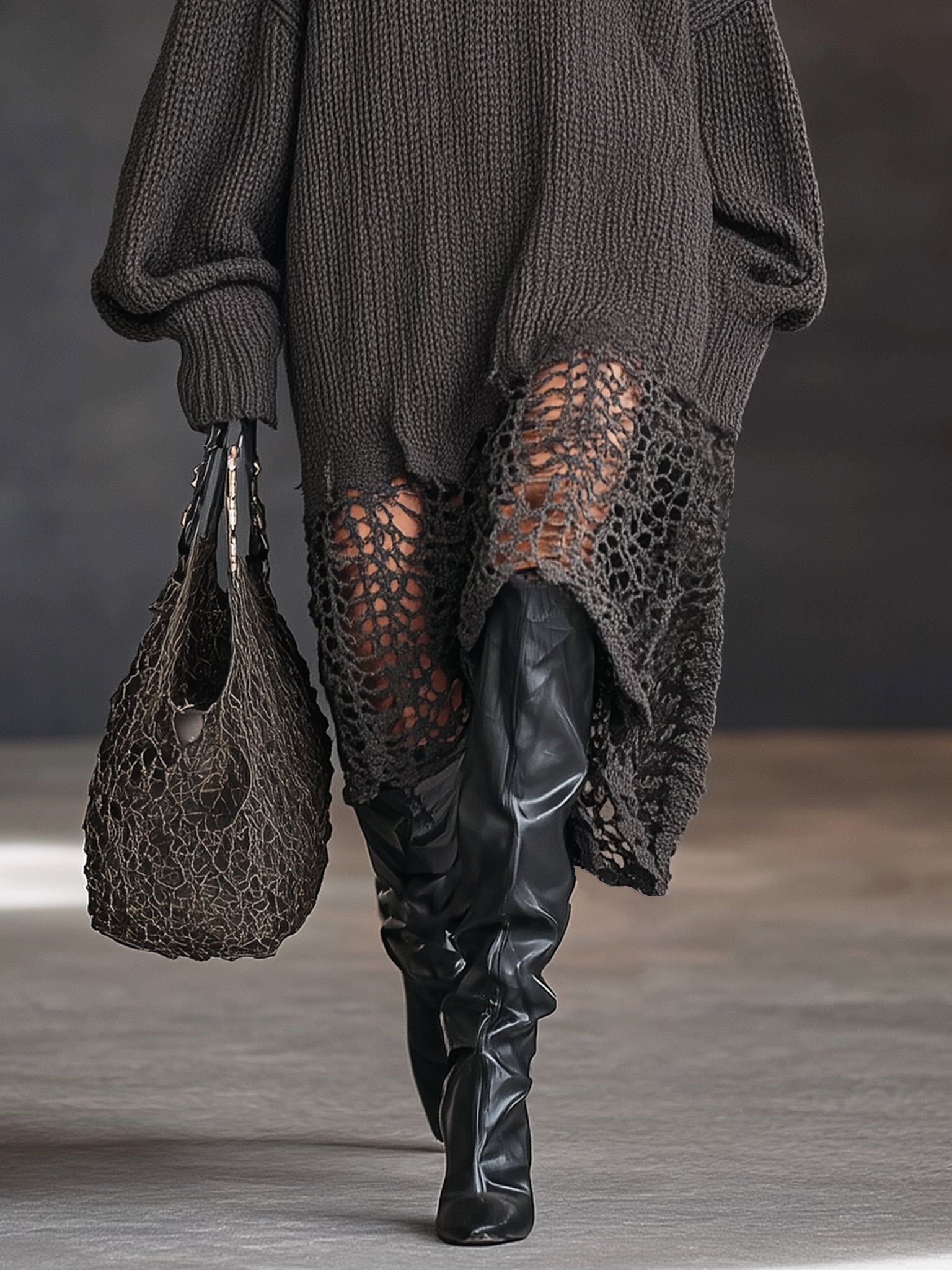 24-Hour-Shipping Charcoal Gray V-Neck Knit Mesh Long Sleeve Midi Dress