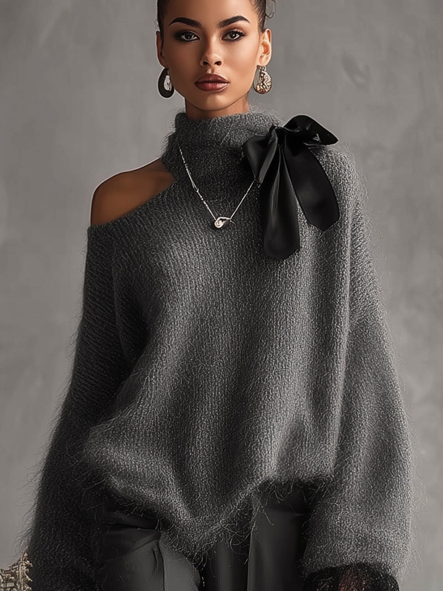 24-Hour-Shipping Gray Mohair Knit Sweater With Lace Cuffs