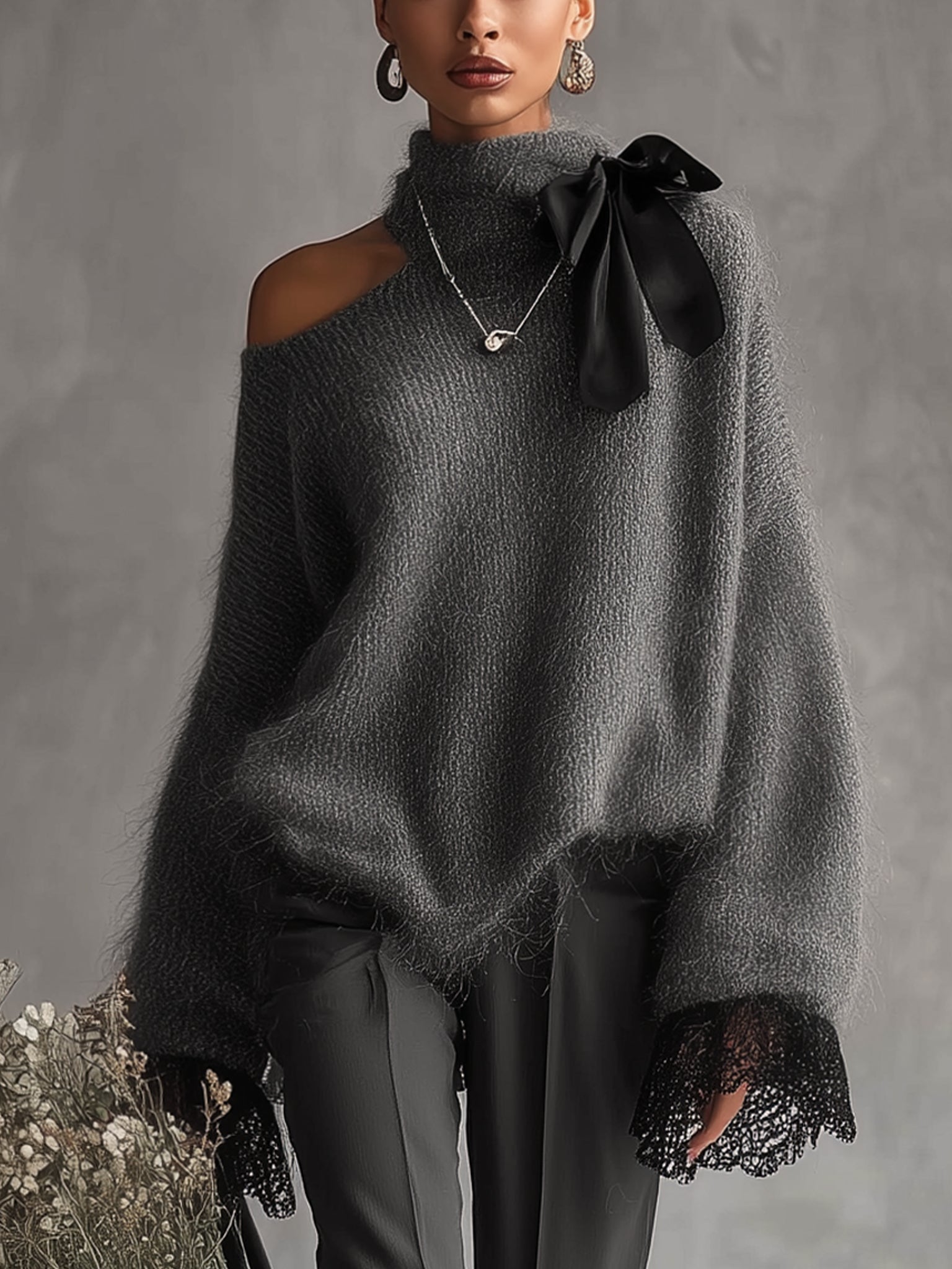 24-Hour-Shipping Gray Mohair Knit Sweater With Lace Cuffs