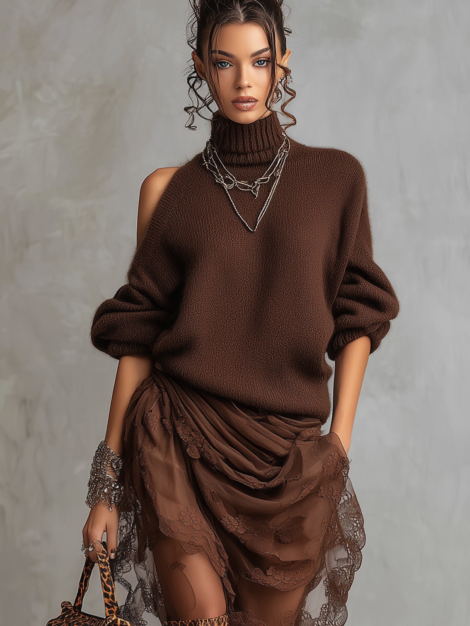 24-Hour-Shipping Chocolate Knit Off Shoulder Tulle Long Sleeve Midi Dress