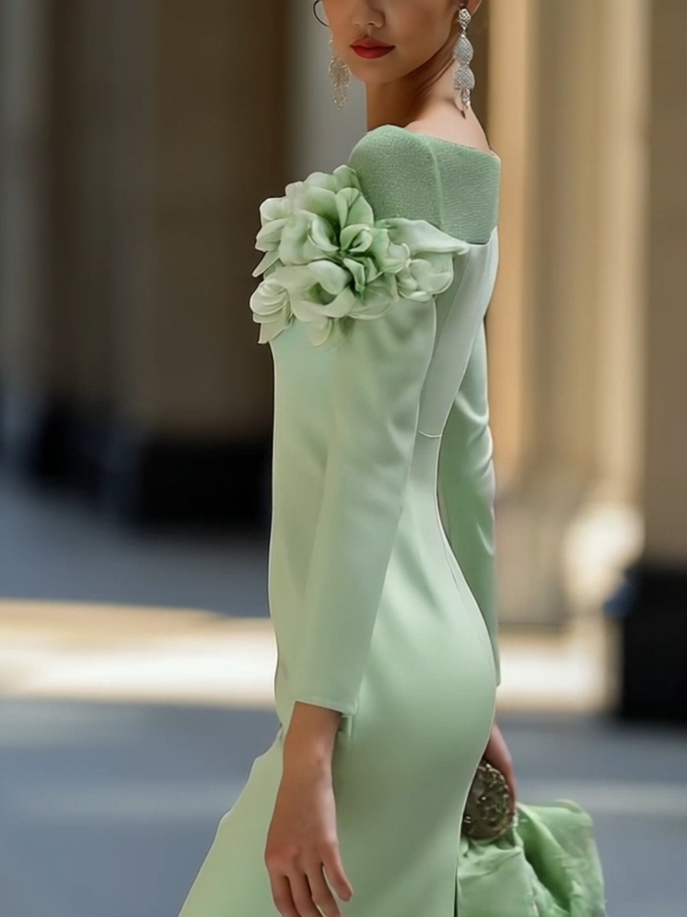 24-Hour-Shipping Light Green Midi Pencil Dress With Mesh And 3D Flower Decoration