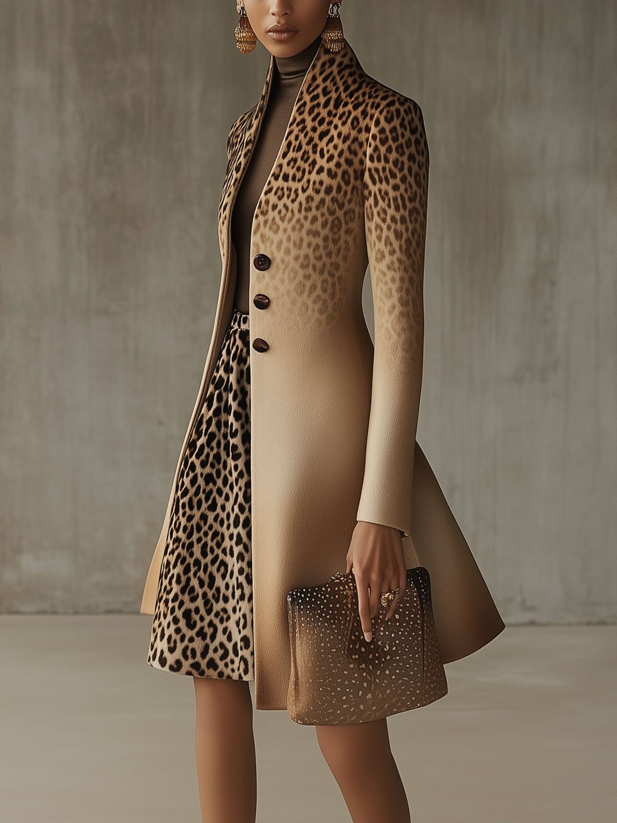 24-Hour-Shipping Khaki Ombre Leopard Print Long Coat With Gradient Detail