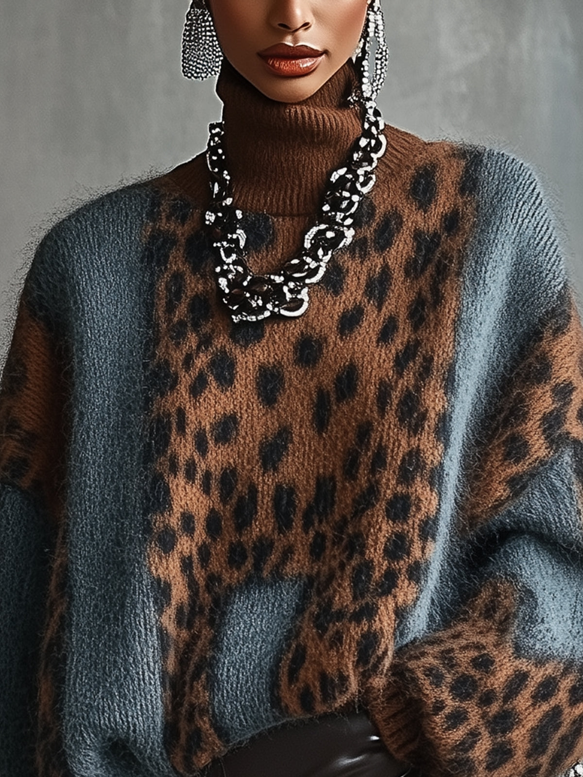 24-Hour-Shipping Leopard Print Turtleneck Sweater