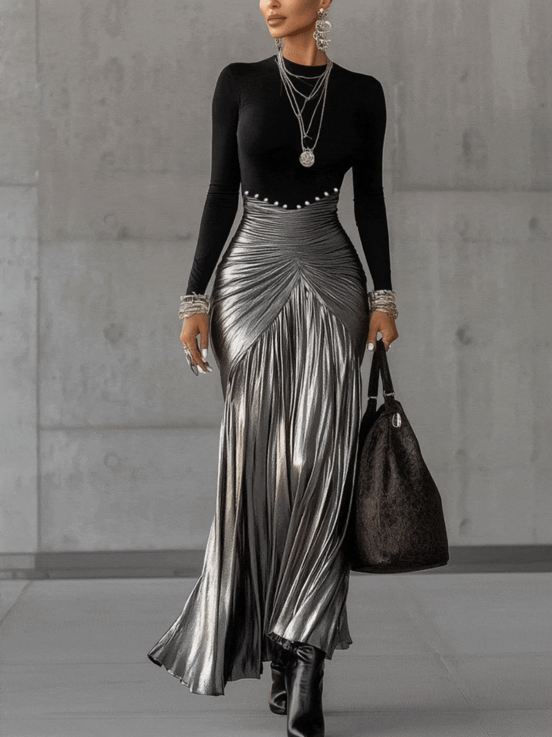 24-Hour-Shipping Black Round Neck Metallic Silver Pleated Maxi Dress