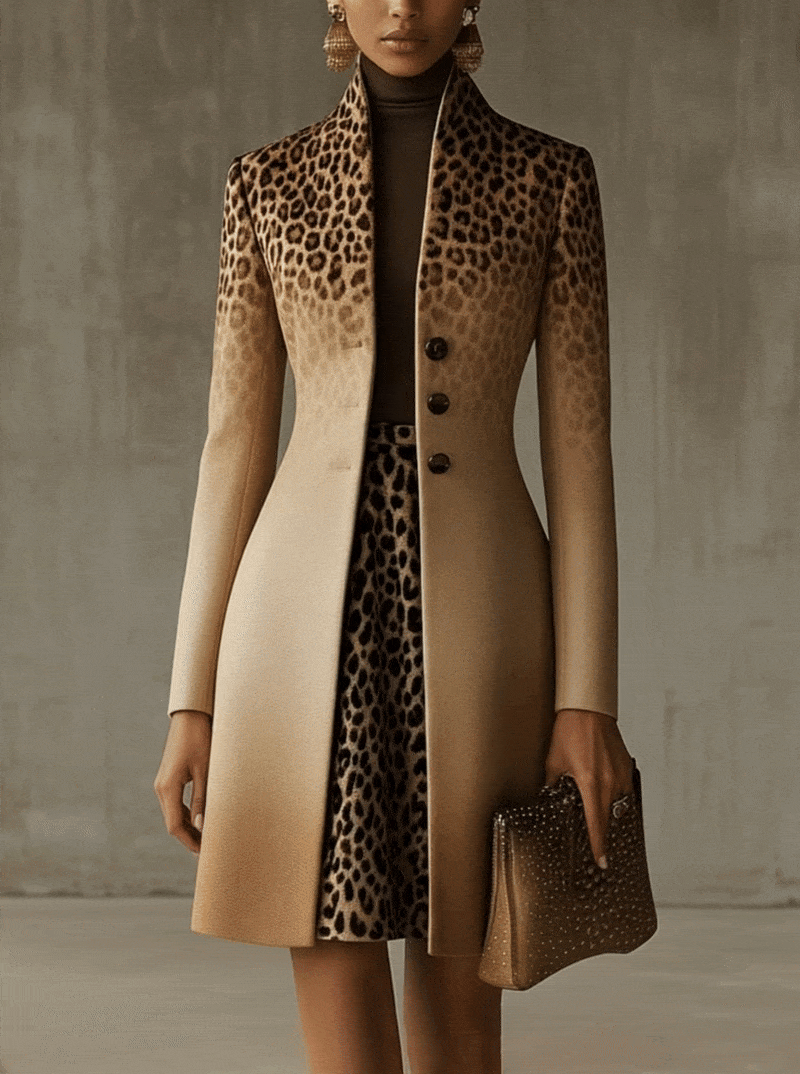 24-Hour-Shipping Khaki Ombre Leopard Print Long Coat With Gradient Detail