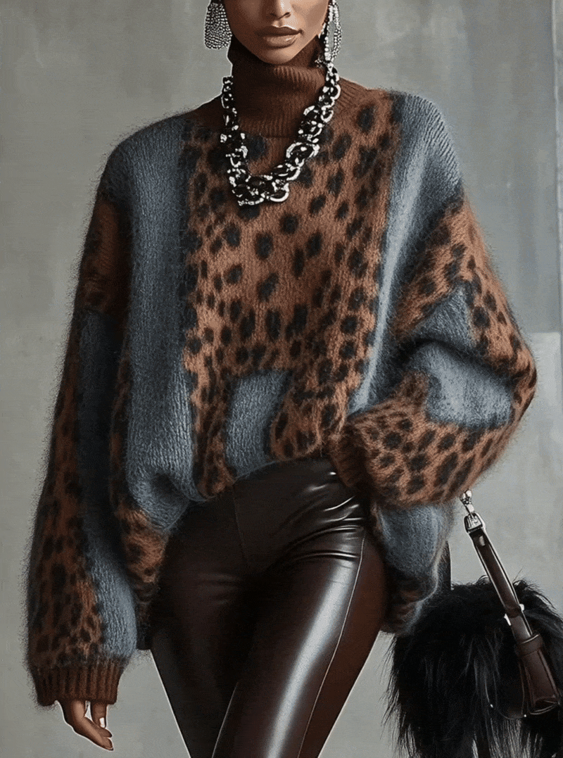 24-Hour-Shipping Leopard Print Turtleneck Sweater