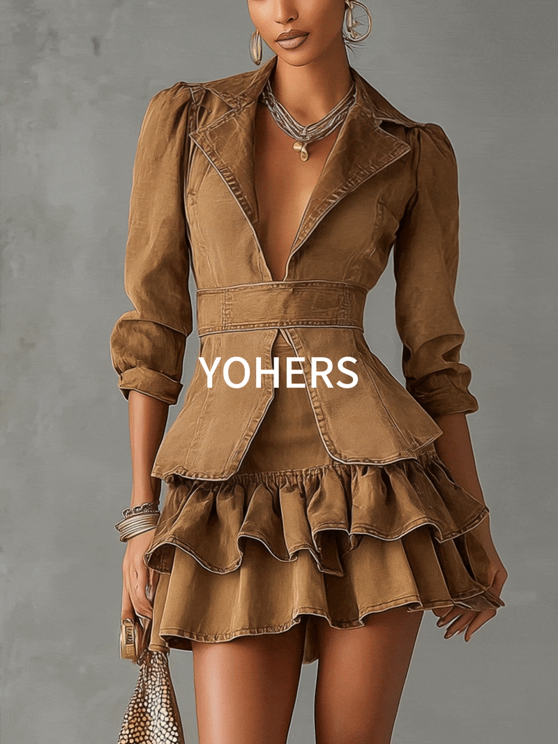 24-Hour-Shipping Vintage Brown Washed Cotton Ruffle Lapel Midi Sleeve Mini Dress