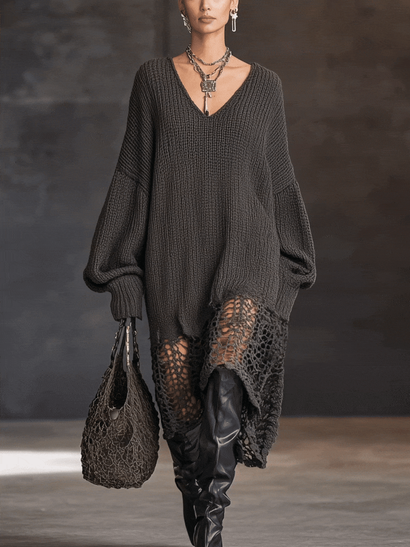 24-Hour-Shipping Charcoal Gray V-Neck Knit Mesh Long Sleeve Midi Dress