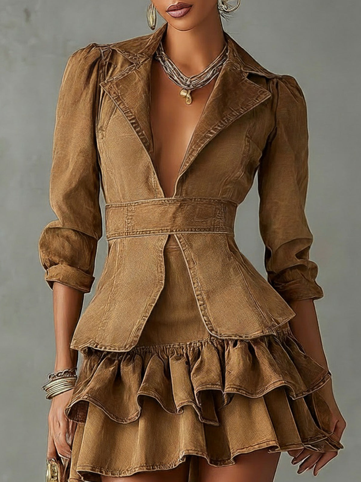 24-Hour-Shipping Vintage Brown Washed Cotton Ruffle Lapel Midi Sleeve Mini Dress