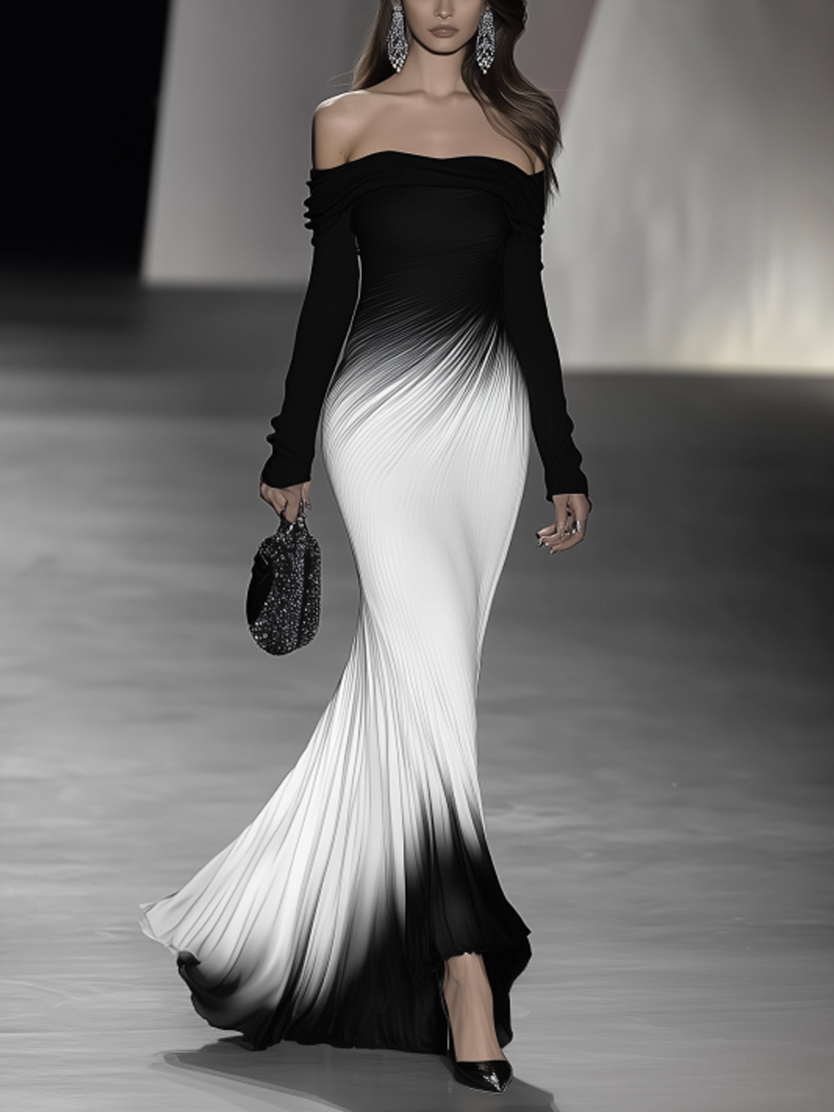 24-Hour-Shipping Off-Shoulder Black And White Gradient Maxi Dress