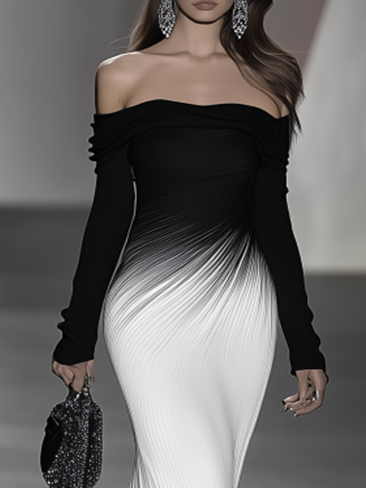 24-Hour-Shipping Off-Shoulder Black And White Gradient Maxi Dress