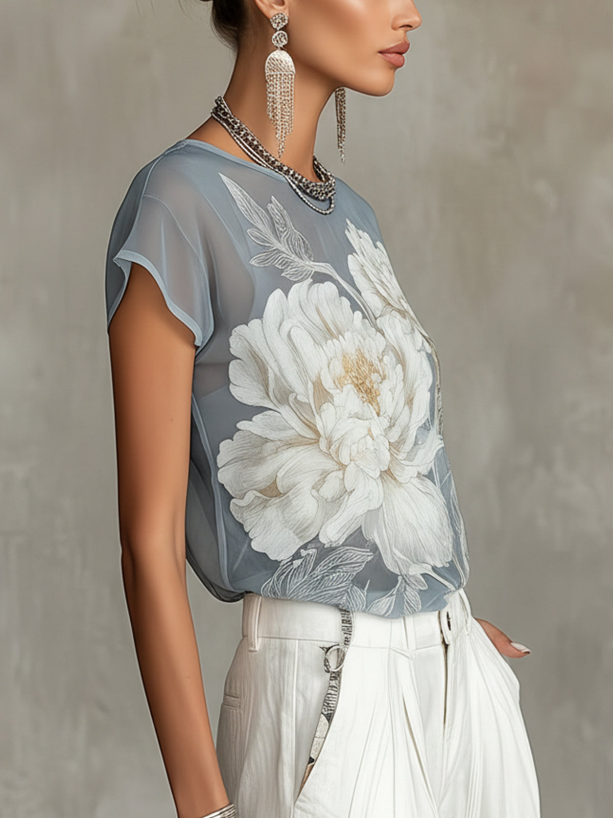 Sheer Blue Floral Print Chiffon Blouse