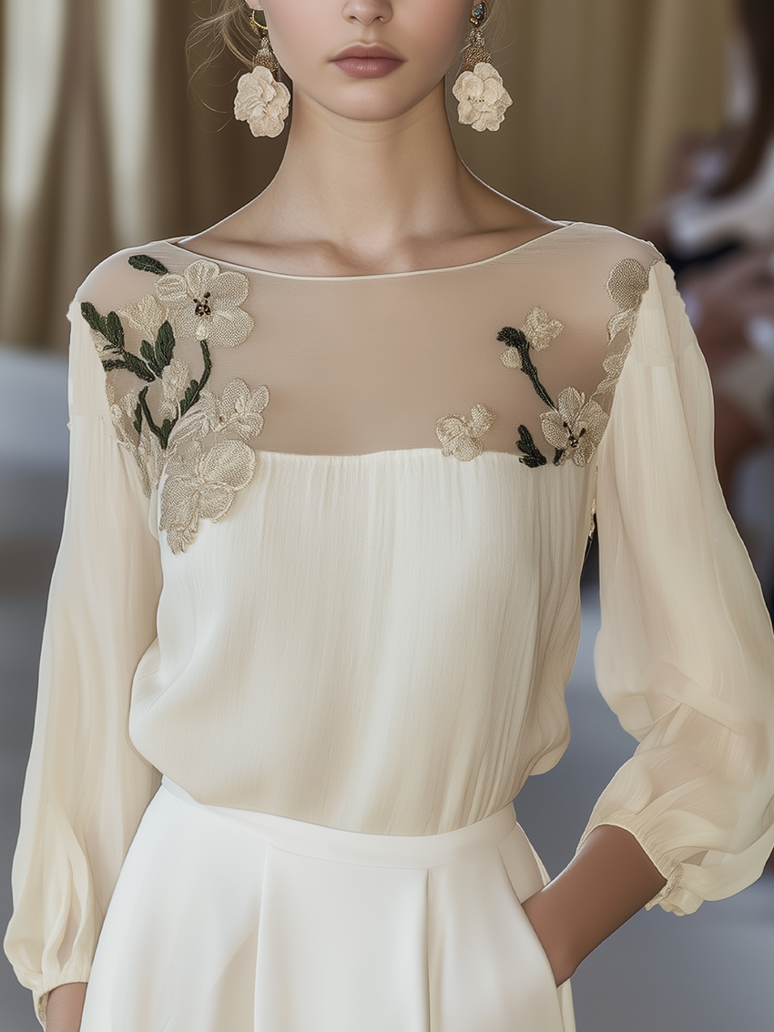24-Hour-Shipping Beige Stitching Shirt With Elegant Floral Embroidery