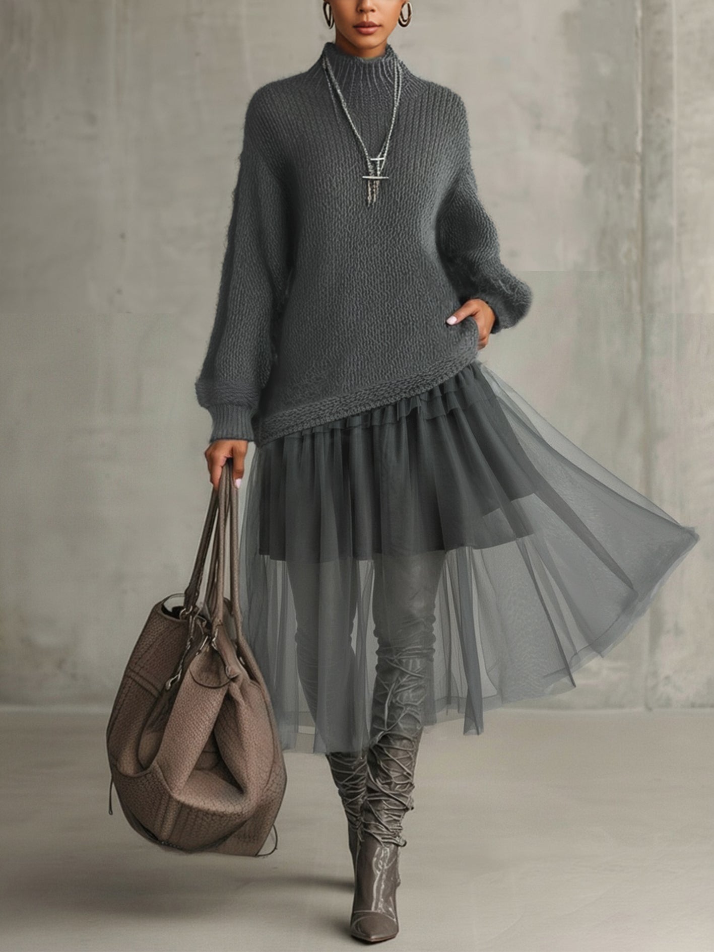 24-Hour-Shipping Gray Mohair And Tulle Panel Maxi Dress