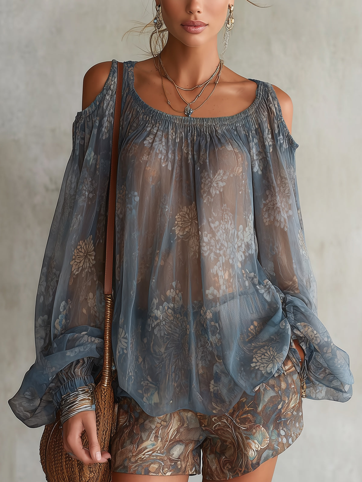 Blue Floral Sheer Chiffon Off-Shoulder Blouse