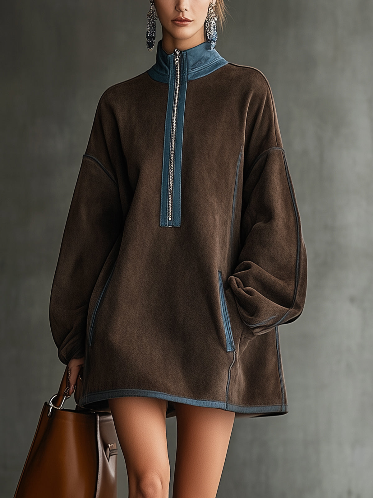 24-Hour-Shipping Brown Faux Suede Fleece High-Neck Zip-Up Oversized Mini Dress