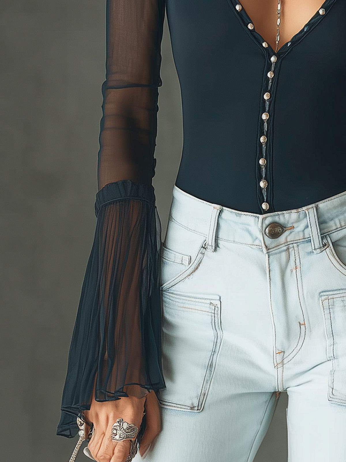 Green Deep V-Neck Sheer Sleeve T-shirt