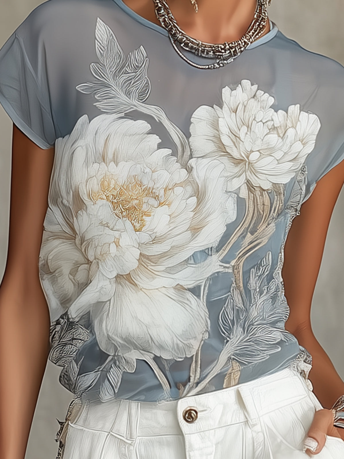 Sheer Blue Floral Print Chiffon Blouse